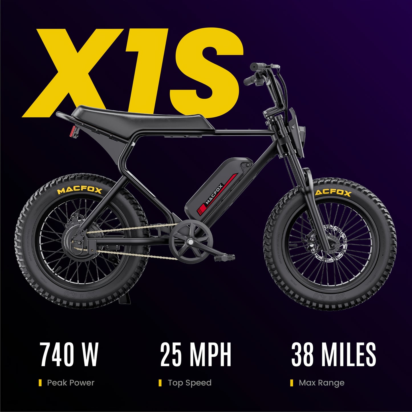 MACFOX X1S Electric Bike – 740W Motor, 48V Battery, 20"x4" Fat Tires, Up to 25MPH