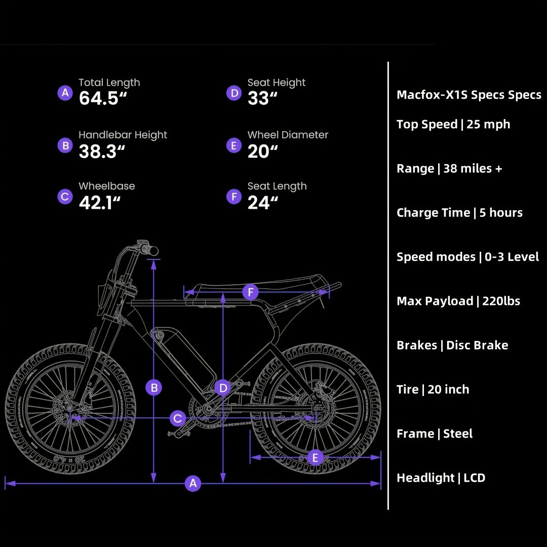 MACFOX X1S Electric Bike – 740W Motor, 48V Battery, 20"x4" Fat Tires, Up to 25MPH