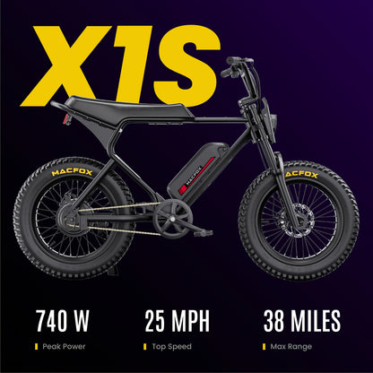 MACFOX X1S Electric Bike – 740W Motor, 48V Battery, 20"x4" Fat Tires, Up to 25MPH