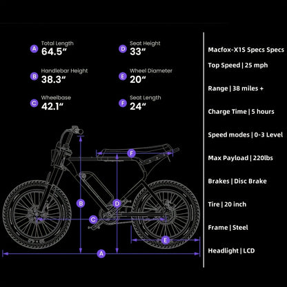 MACFOX X1S Electric Bike – 740W Motor, 48V Battery, 20"x4" Fat Tires, Up to 25MPH